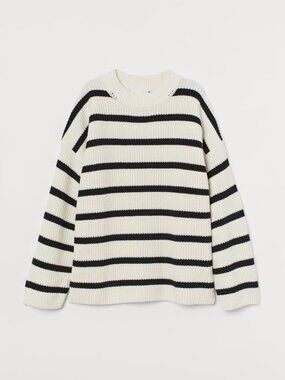 H&M Ivory Black Striped Cotton Chunky Rib Knit Crew Neck Loose Sweater, Size XS